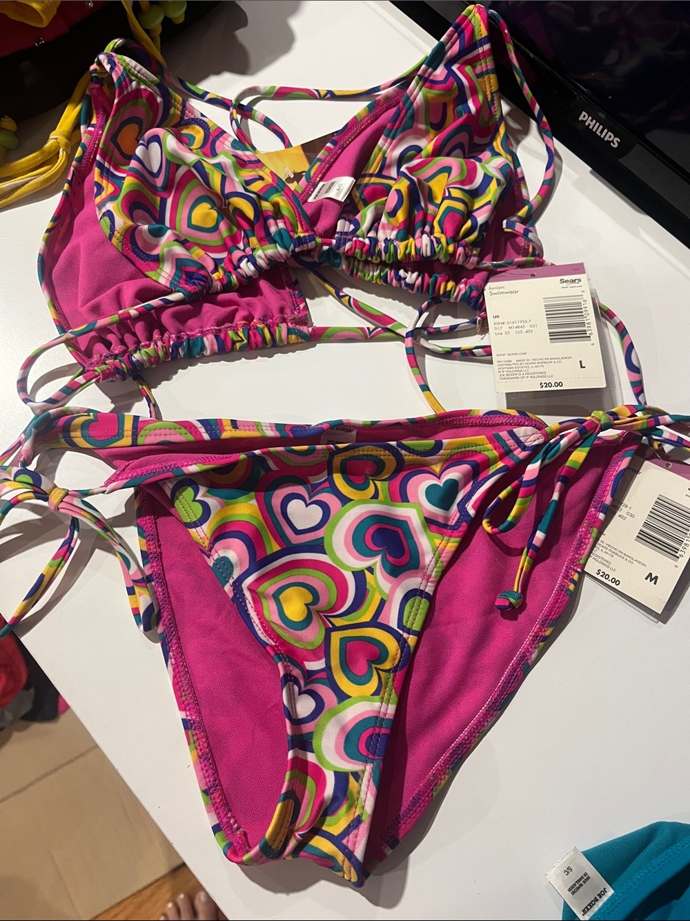 Women's Pink Multi-Color Heart Print Tie-Side Bikini L top M bottom